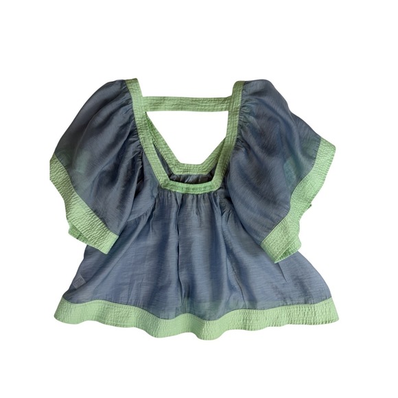 Anthropologie Women's Light Blue & Green Colorblock Babydoll Top Size M - Picture 6 of 9